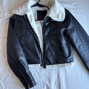 Hollister Black Leather Jacket with White Lining